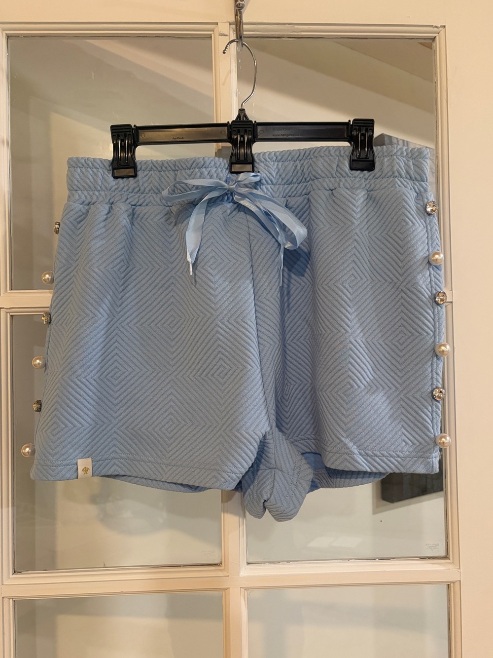 Simply Southern Quilted Shorts Light Blue Pearl Rhinestone Trim Preppy Coastal